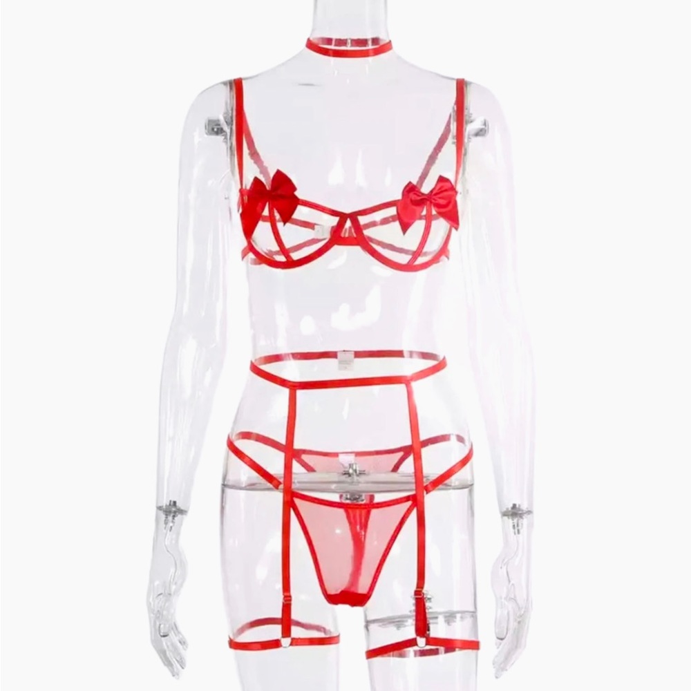 Red Sexy bowknot lingerie underwire bra with garter & choker 4 piece set